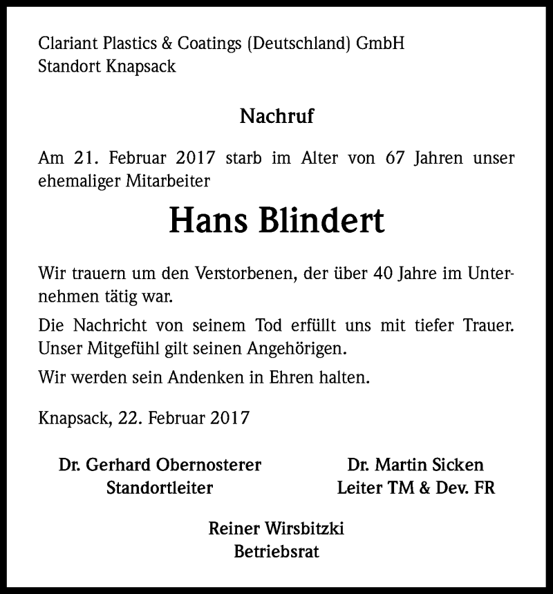  Traueranzeige für Hans Blindert vom 25.02.2017 aus Kölner Stadt-Anzeiger / Kölnische Rundschau / Express