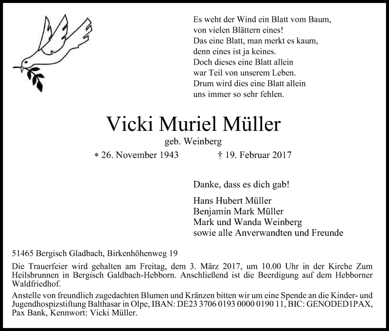  Traueranzeige für Vicki Muriel Müller vom 25.02.2017 aus Kölner Stadt-Anzeiger / Kölnische Rundschau / Express