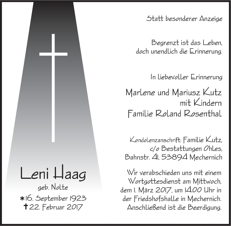  Traueranzeige für Leni Haag vom 25.02.2017 aus  Blickpunkt Euskirchen 