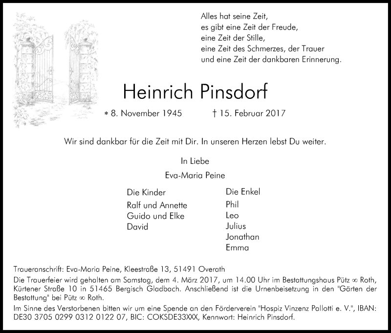  Traueranzeige für Heinrich Pinsdorf vom 25.02.2017 aus Kölner Stadt-Anzeiger / Kölnische Rundschau / Express