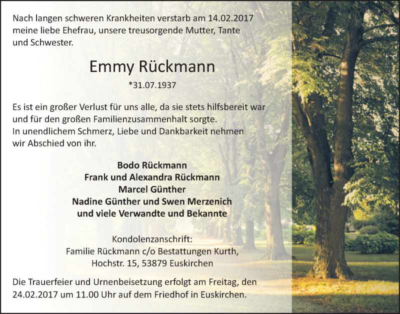  Traueranzeige für Emmy Rückmann vom 18.02.2017 aus  Blickpunkt Euskirchen 