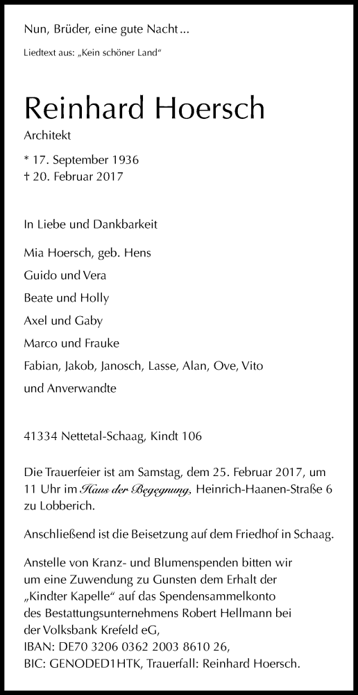  Traueranzeige für Reinhard Hoersch vom 23.02.2017 aus Kölner Stadt-Anzeiger / Kölnische Rundschau / Express