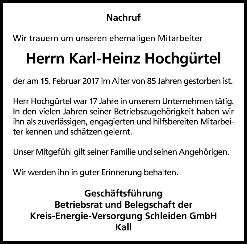  Traueranzeige für Karl-Heinz Hochgürtel vom 22.02.2017 aus Kölner Stadt-Anzeiger / Kölnische Rundschau / Express