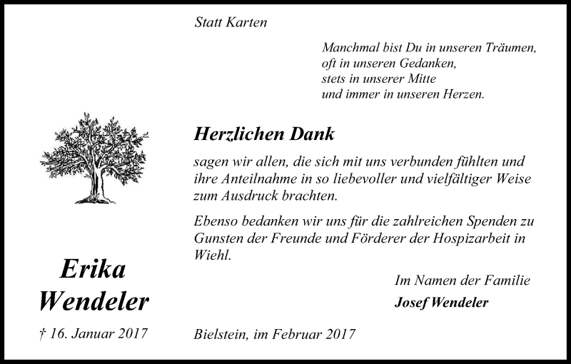  Traueranzeige für Erika Wendeler vom 18.02.2017 aus Kölner Stadt-Anzeiger / Kölnische Rundschau / Express