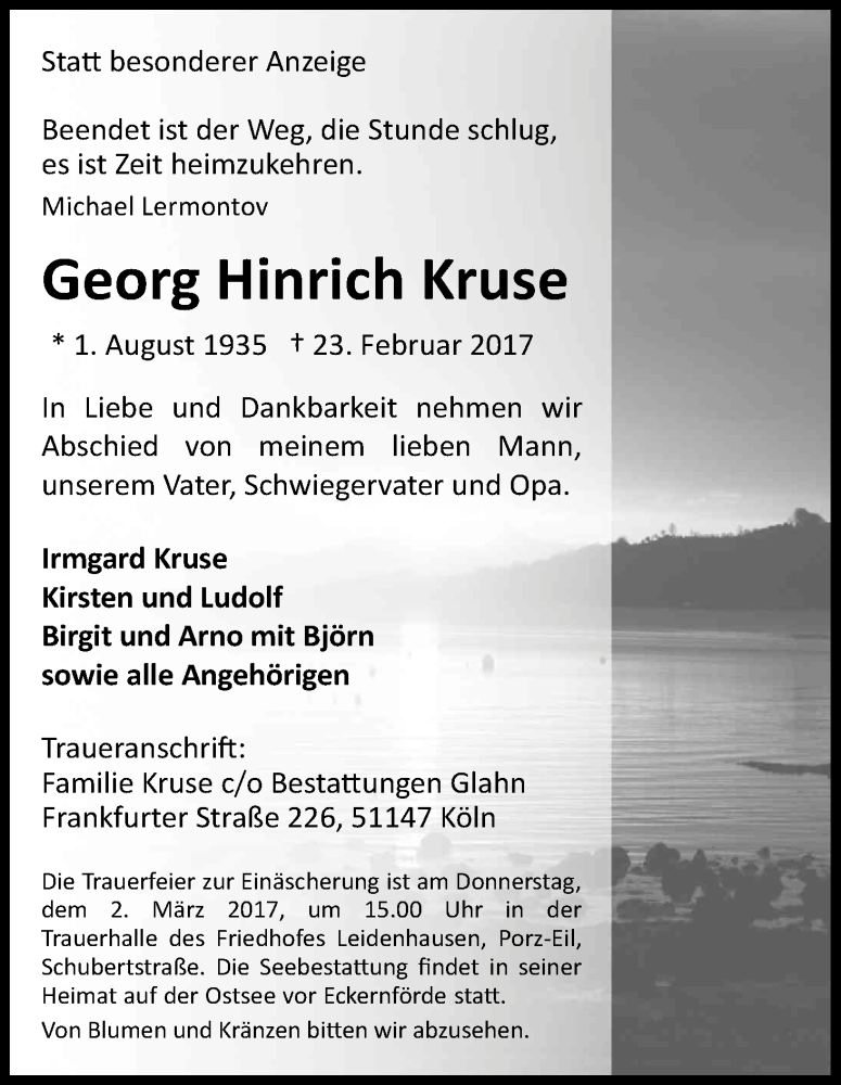  Traueranzeige für Georg Hinrich Kruse vom 25.02.2017 aus Kölner Stadt-Anzeiger / Kölnische Rundschau / Express