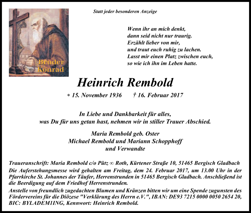  Traueranzeige für Heinrich Rembold vom 21.02.2017 aus Kölner Stadt-Anzeiger / Kölnische Rundschau / Express