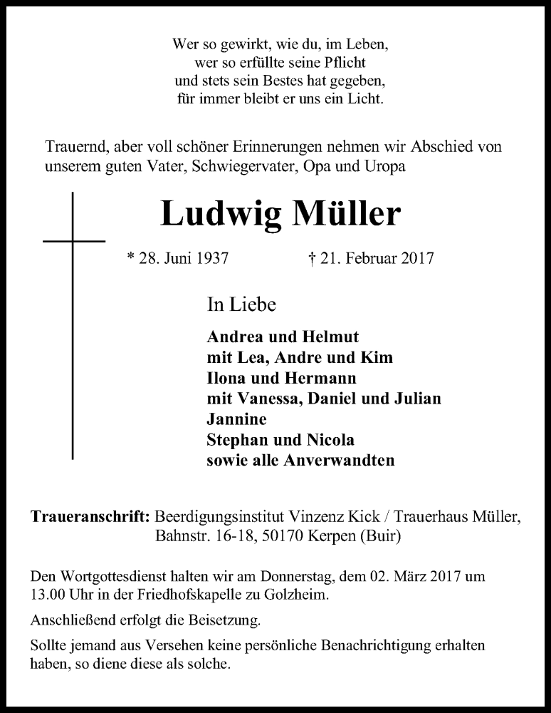  Traueranzeige für Ludwig Müller vom 25.02.2017 aus Kölner Stadt-Anzeiger / Kölnische Rundschau / Express