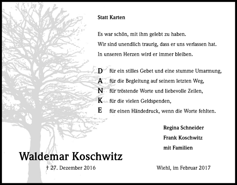  Traueranzeige für Waldemar Koschwitz vom 18.02.2017 aus Kölner Stadt-Anzeiger / Kölnische Rundschau / Express