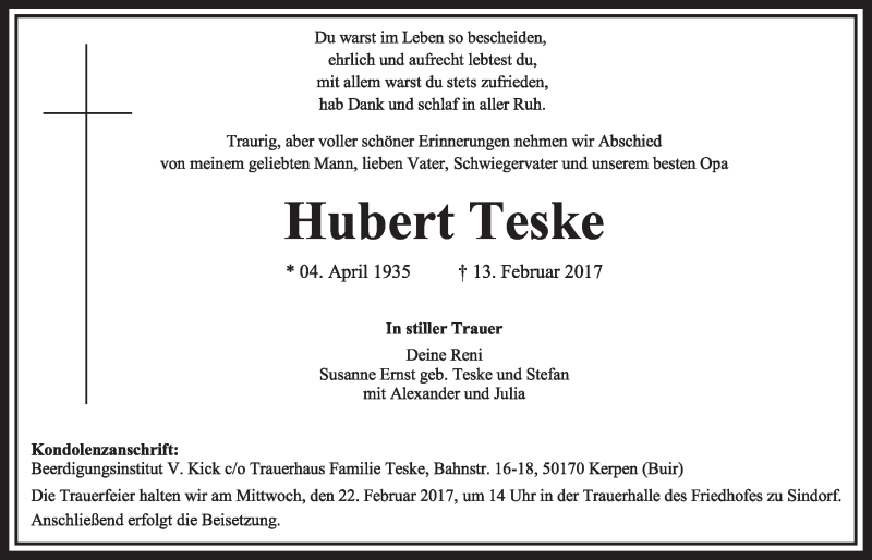  Traueranzeige für Hubert Teske vom 18.02.2017 aus  Sonntags-Post 