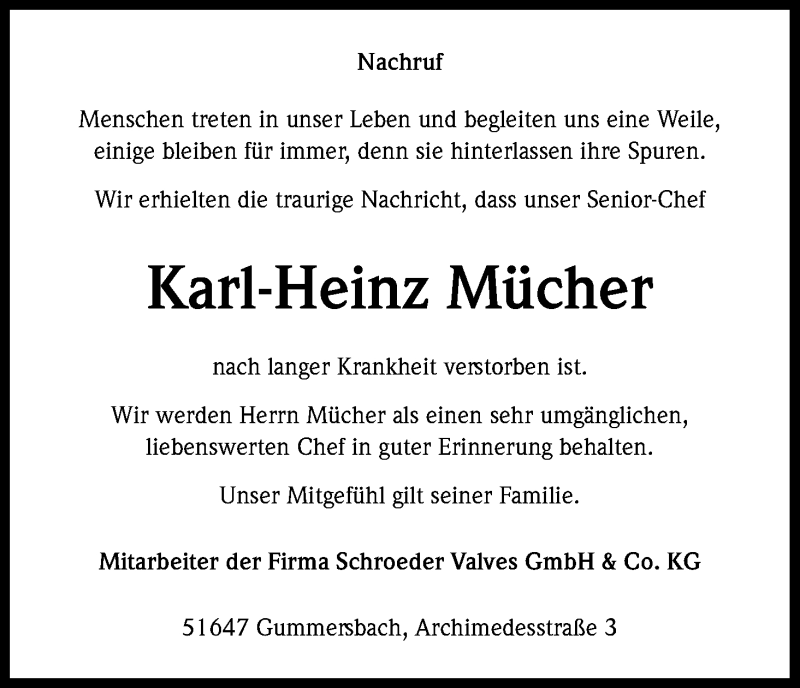  Traueranzeige für Karl-Heinz Mücher vom 23.02.2017 aus Kölner Stadt-Anzeiger / Kölnische Rundschau / Express