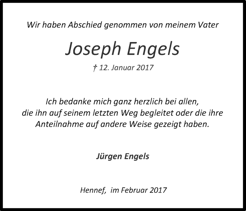  Traueranzeige für Joseph Engels vom 04.02.2017 aus Kölner Stadt-Anzeiger / Kölnische Rundschau / Express