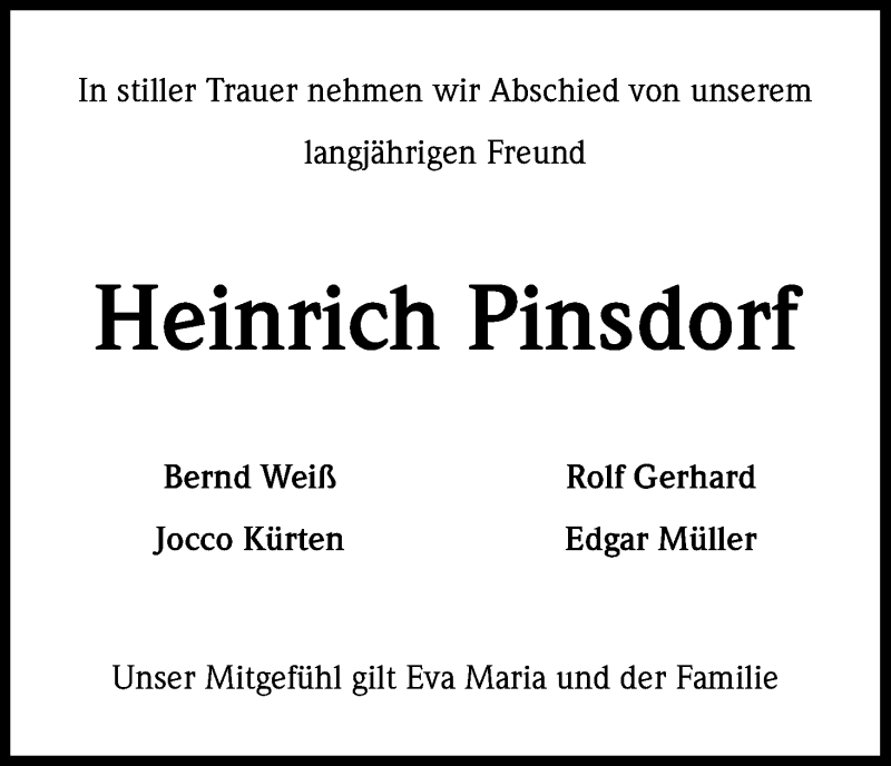  Traueranzeige für Heinrich Pinsdorf vom 25.02.2017 aus Kölner Stadt-Anzeiger / Kölnische Rundschau / Express