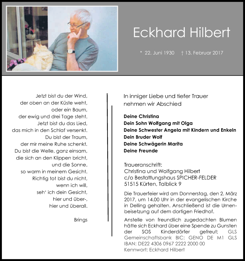  Traueranzeige für Eckhard Hilbert vom 24.02.2017 aus Kölner Stadt-Anzeiger / Kölnische Rundschau / Express