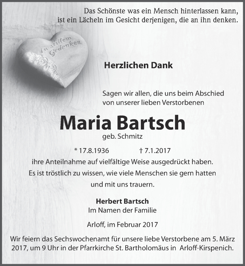  Traueranzeige für Maria Bartsch vom 25.02.2017 aus  Blickpunkt Euskirchen 