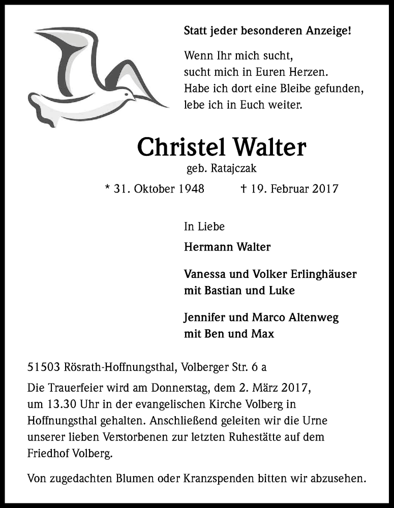  Traueranzeige für Christel Walter vom 25.02.2017 aus Kölner Stadt-Anzeiger / Kölnische Rundschau / Express