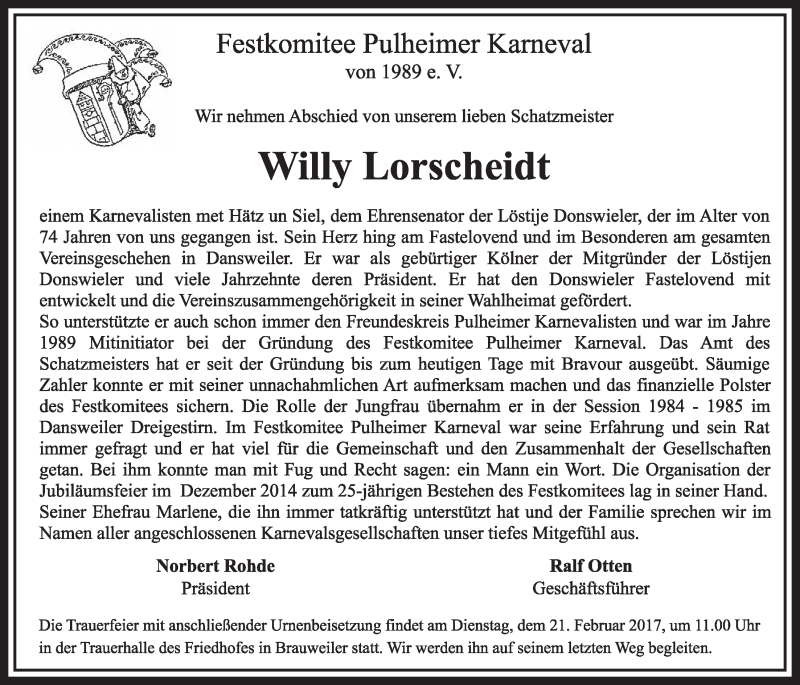  Traueranzeige für Willy Lorscheidt vom 18.02.2017 aus  Sonntags-Post 