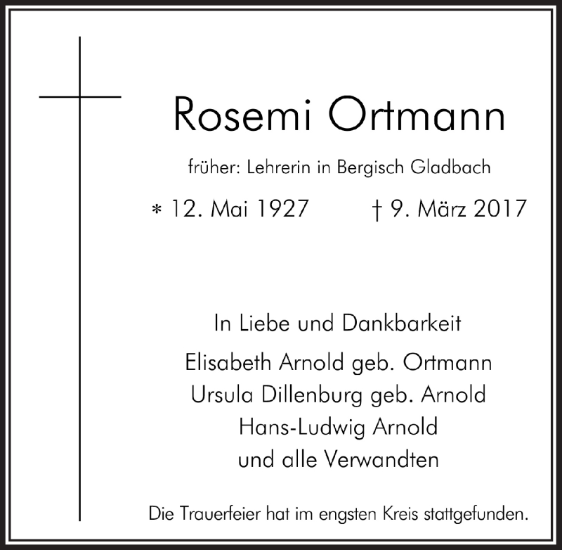  Traueranzeige für Rosemi Ortmann vom 29.03.2017 aus  Bergisches Handelsblatt 