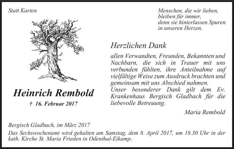  Traueranzeige für Heinrich Rembold vom 29.03.2017 aus Kölner Stadt-Anzeiger / Kölnische Rundschau / Express