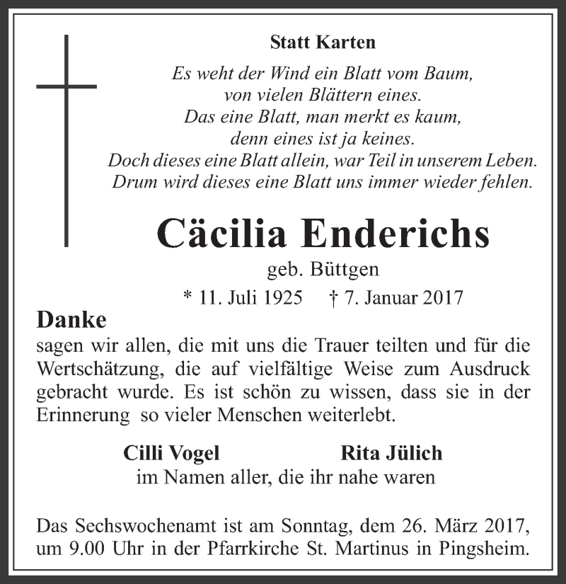  Traueranzeige für Cäcilia Enderichs vom 08.03.2017 aus  Werbepost 
