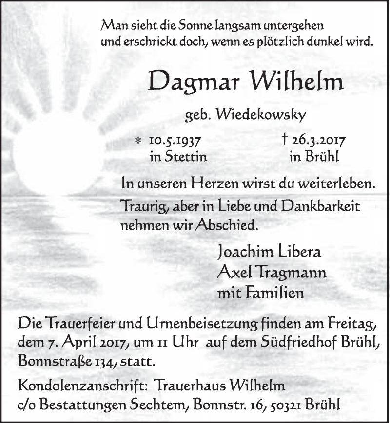  Traueranzeige für Dagmar Wilhelm vom 29.03.2017 aus  Schlossbote/Werbekurier 