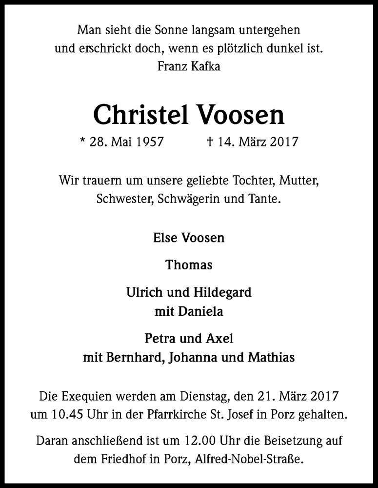  Traueranzeige für Christel Voosen vom 18.03.2017 aus Kölner Stadt-Anzeiger / Kölnische Rundschau / Express