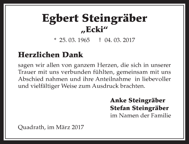  Traueranzeige für Egbert Steingräber vom 29.03.2017 aus  Werbepost 