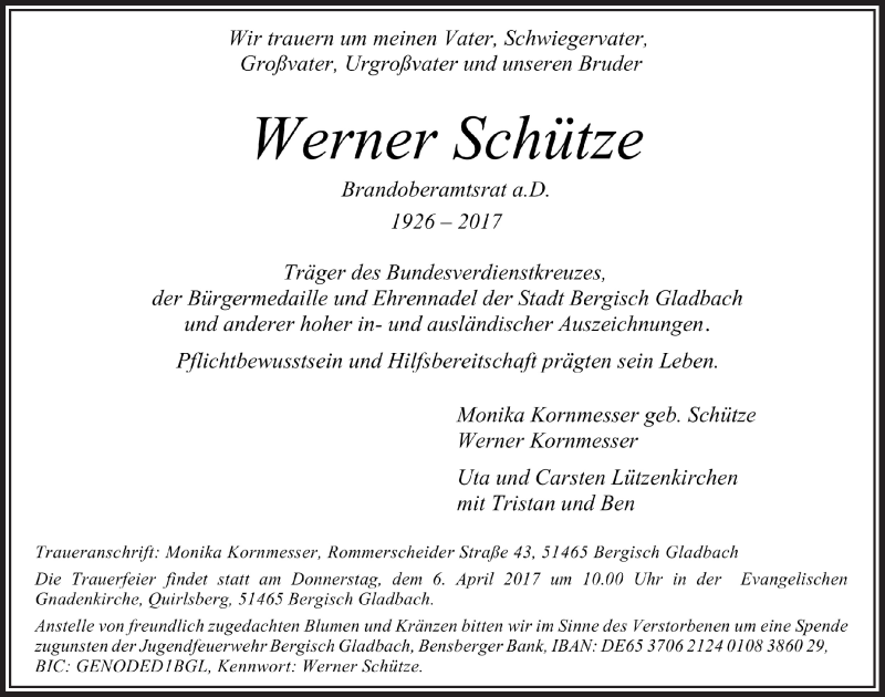  Traueranzeige für Werner Schütze vom 29.03.2017 aus  Bergisches Handelsblatt 