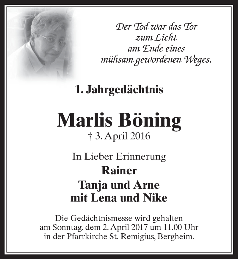  Traueranzeige für Marlis Böning vom 29.03.2017 aus  Werbepost 