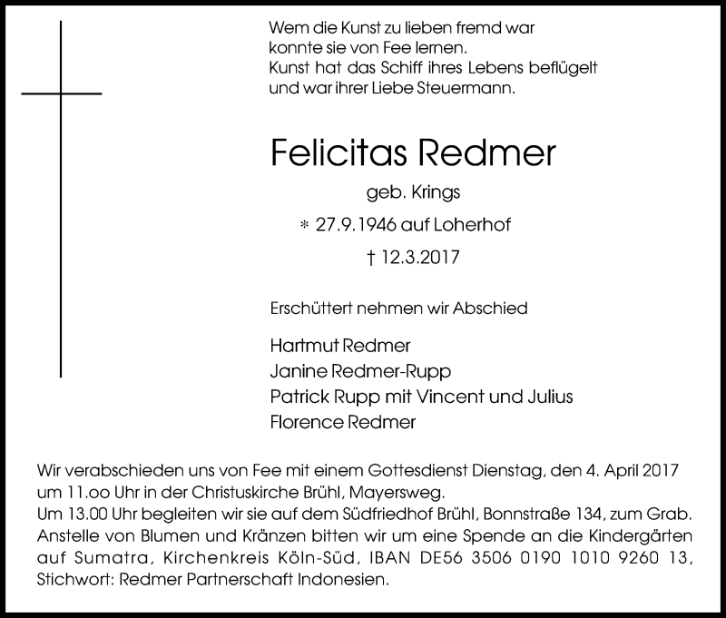  Traueranzeige für Felicitas Redmer vom 29.03.2017 aus Kölner Stadt-Anzeiger / Kölnische Rundschau / Express