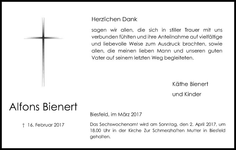  Traueranzeige für Alfons Bienert vom 27.03.2017 aus Kölner Stadt-Anzeiger / Kölnische Rundschau / Express