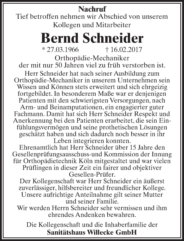  Traueranzeige für Bernd Schneider vom 04.03.2017 aus  Sonntags-Post 