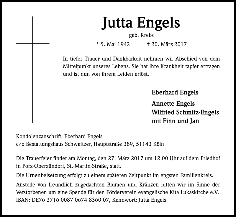  Traueranzeige für Jutta Engels vom 22.03.2017 aus Kölner Stadt-Anzeiger / Kölnische Rundschau / Express