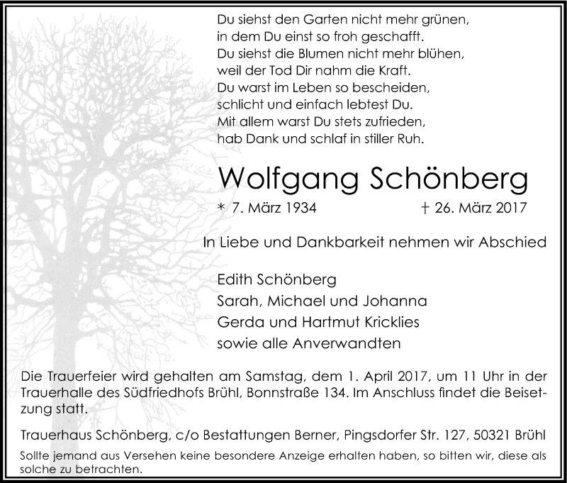  Traueranzeige für Wolfgang Schönberg vom 29.03.2017 aus Kölner Stadt-Anzeiger / Kölnische Rundschau / Express
