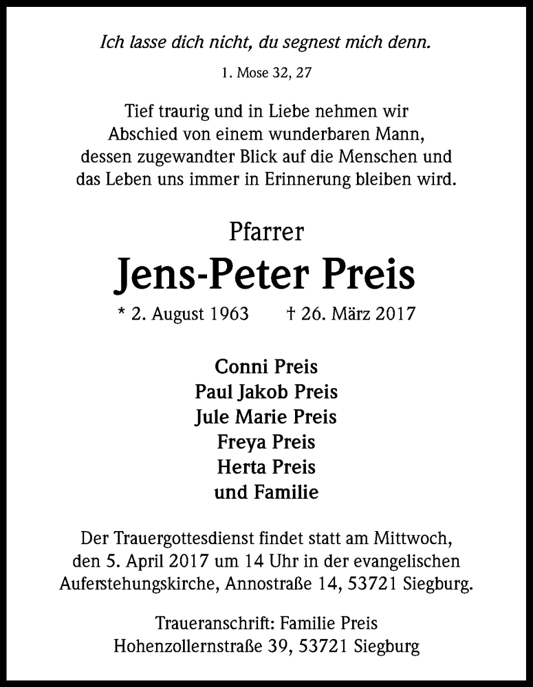  Traueranzeige für Jens-Peter Preis vom 29.03.2017 aus Kölner Stadt-Anzeiger / Kölnische Rundschau / Express
