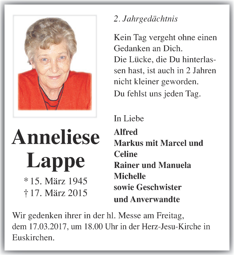  Traueranzeige für Anneliese Lappe vom 11.03.2017 aus  Blickpunkt Euskirchen 