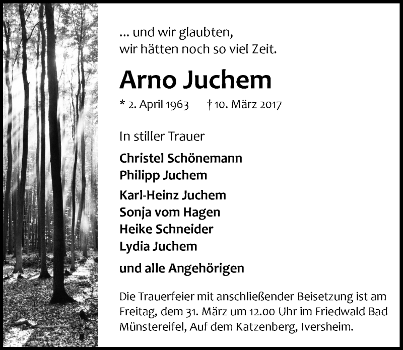  Traueranzeige für Arno Juchem vom 29.03.2017 aus  Schlossbote/Werbekurier 