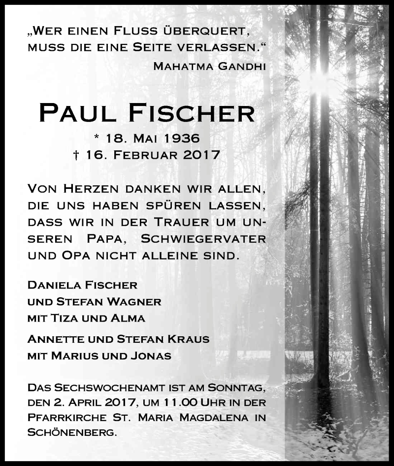  Traueranzeige für Paul Fischer vom 25.03.2017 aus Kölner Stadt-Anzeiger / Kölnische Rundschau / Express