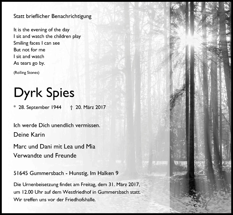  Traueranzeige für Dyrk Spies vom 24.03.2017 aus Kölner Stadt-Anzeiger / Kölnische Rundschau / Express