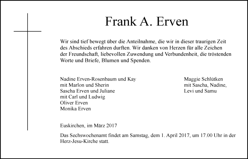  Traueranzeige für Frank A. Erven vom 18.03.2017 aus  Blickpunkt Euskirchen 
