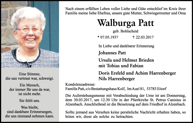  Traueranzeige für Walburga Patt vom 28.03.2017 aus Kölner Stadt-Anzeiger / Kölnische Rundschau / Express