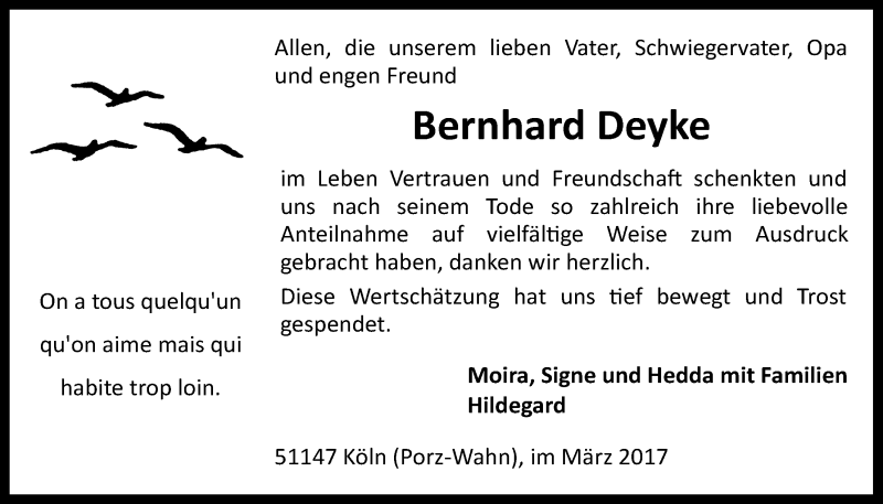  Traueranzeige für Bernhard Deyke vom 08.03.2017 aus  Kölner Wochenspiegel 