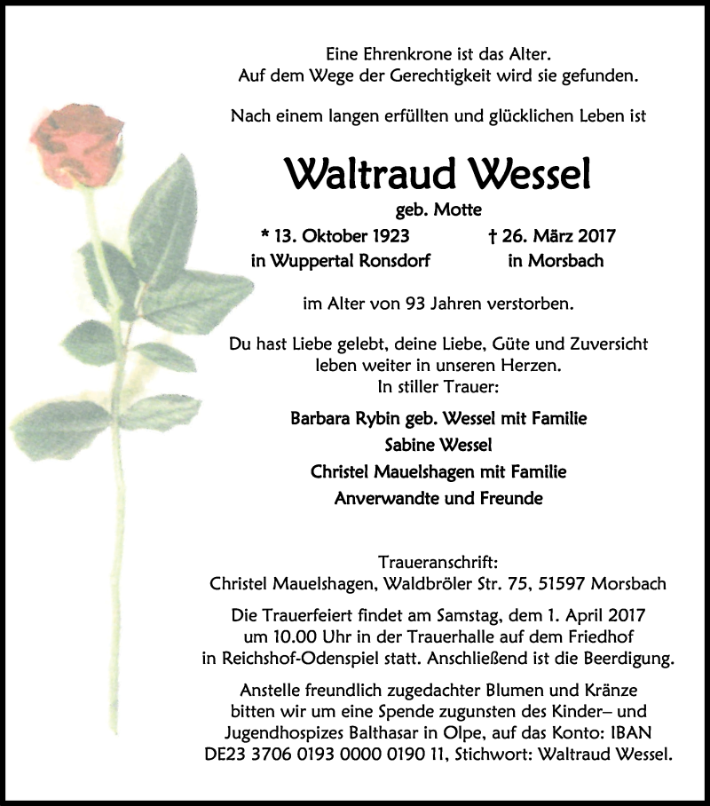  Traueranzeige für Waltraud Wessel vom 28.03.2017 aus Kölner Stadt-Anzeiger / Kölnische Rundschau / Express