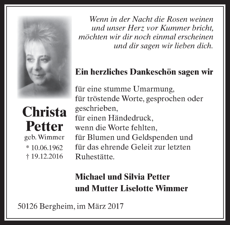  Traueranzeige für Christa Petter vom 22.03.2017 aus  Werbepost 
