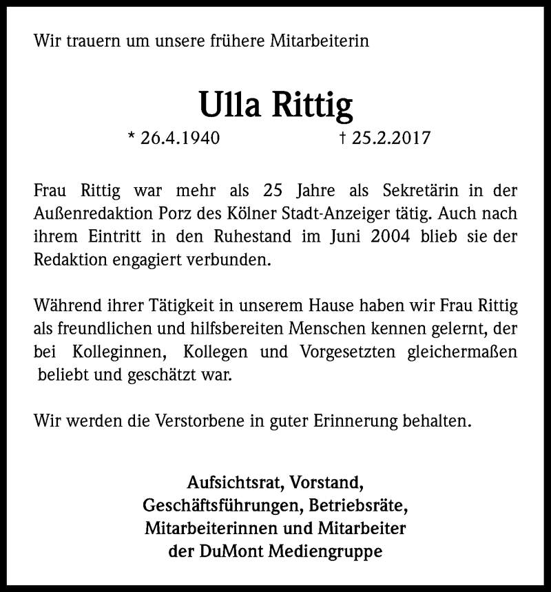  Traueranzeige für Ulla Rittig vom 11.03.2017 aus Kölner Stadt-Anzeiger / Kölnische Rundschau / Express
