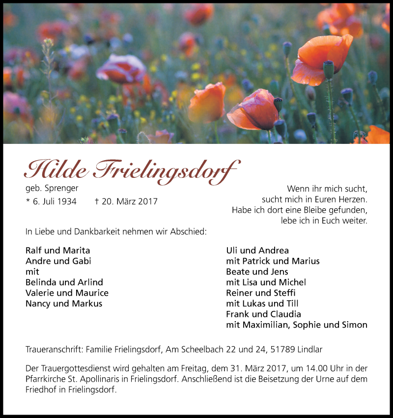  Traueranzeige für Hilde Frielingsdorf vom 23.03.2017 aus Kölner Stadt-Anzeiger / Kölnische Rundschau / Express