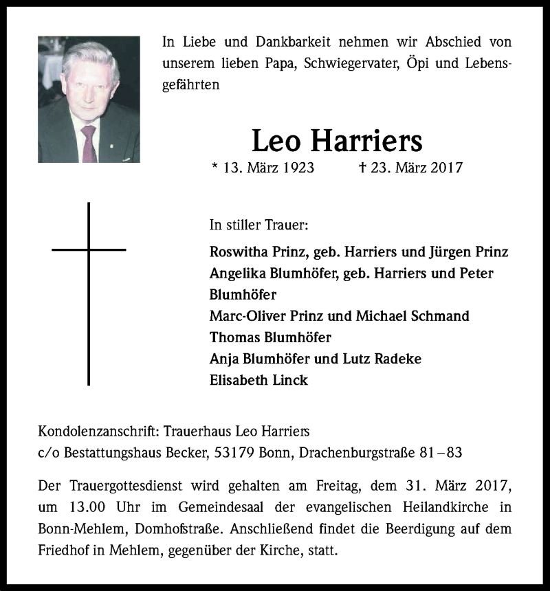  Traueranzeige für Leo Harriers vom 25.03.2017 aus Kölner Stadt-Anzeiger / Kölnische Rundschau / Express
