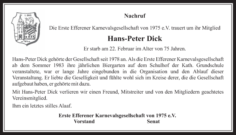  Traueranzeige für Hans-Peter Dick vom 08.03.2017 aus  Wochenende 