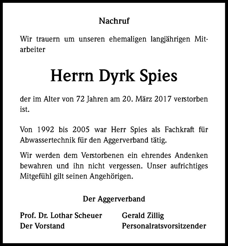  Traueranzeige für Dyrk Spies vom 28.03.2017 aus Kölner Stadt-Anzeiger / Kölnische Rundschau / Express