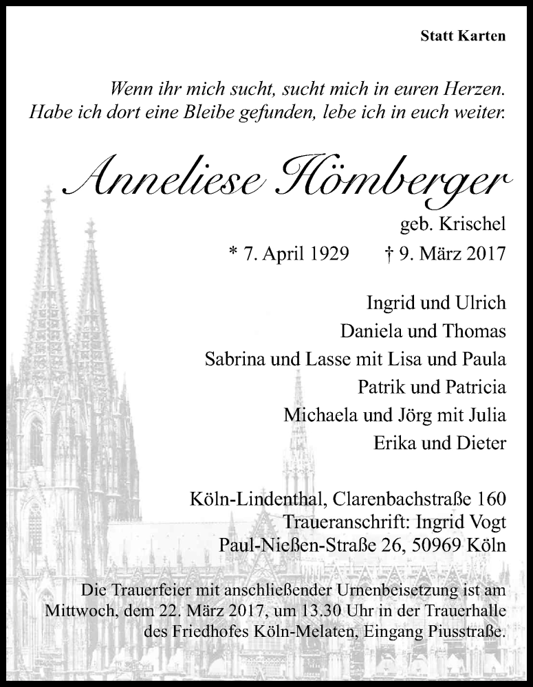  Traueranzeige für Anneliese Hömberger vom 18.03.2017 aus Kölner Stadt-Anzeiger / Kölnische Rundschau / Express