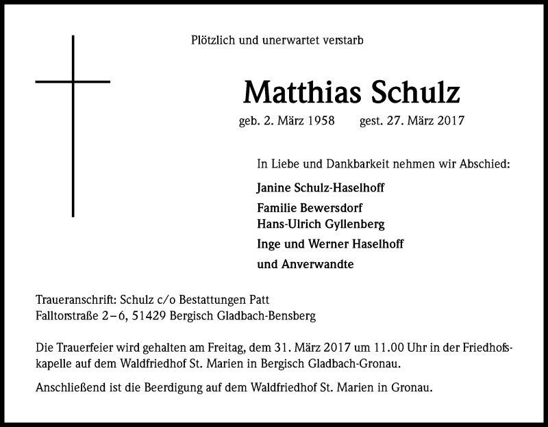  Traueranzeige für Matthias Schulz vom 29.03.2017 aus Kölner Stadt-Anzeiger / Kölnische Rundschau / Express